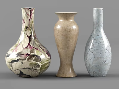 Three Elegant Vases With Floral Patterns Beige Ceramic And Light Blue Crackle Texture Design 3d model
