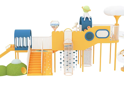 Colorful Children's Play Area With Yellow Blue Structures Slide Climbing Net And Green Domes 3d model