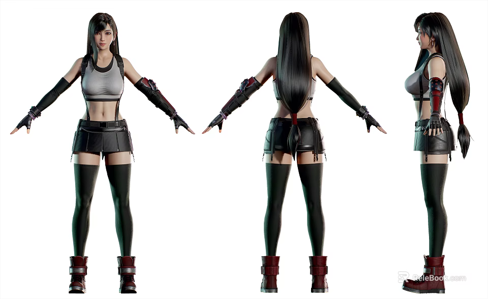 Female Character With Long Black Hair Grey Tank Top Black Shorts And Red Boots 3d model 