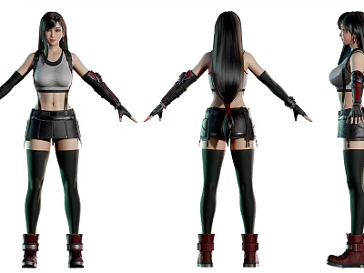 Female Character With Long Black Hair Grey Tank Top Black Shorts And Red Boots 3d model