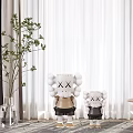 Elegant Beige Linen Curtains For Modern Living Room Interior With Green Plant And Side Table