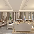 Luxurious Hotel Lobby Interior With Chandelier White Sofas And Decorative Paintings