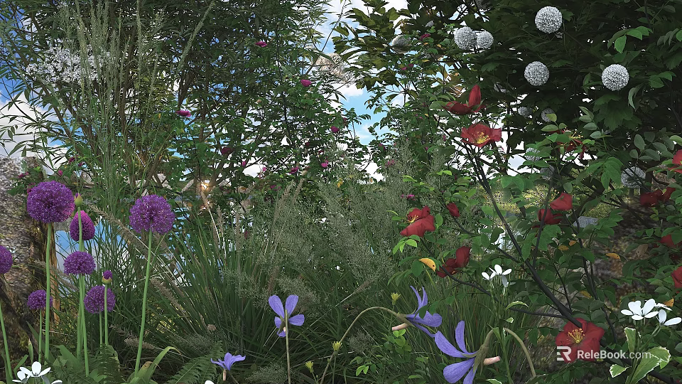 Vibrant Garden Shrubs with Purple Red and White Flowers and Lush Greenery 3d model 