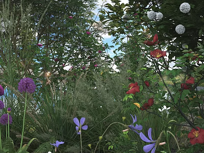 Vibrant Garden Shrubs with Purple Red and White Flowers and Lush Greenery 3d model