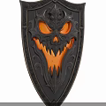 Ornate Demon Face Shield With Glowing Orange Eyes And Grinning Mouth Design