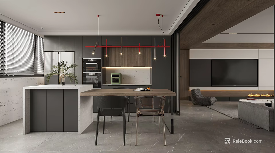 Modern Living Dining Room Interior Design With Black Cabinets Island Pendant Lights And Dining Table 3d model 