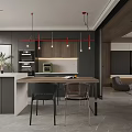 Modern Living Dining Room Interior Design With Black Cabinets Island Pendant Lights And Dining Table