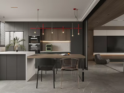 Modern Living Dining Room Interior Design With Black Cabinets Island Pendant Lights And Dining Table 3d model