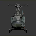 Green Military Helicopter Model With Blue Rotor Blades Landing Gear And Red Accents