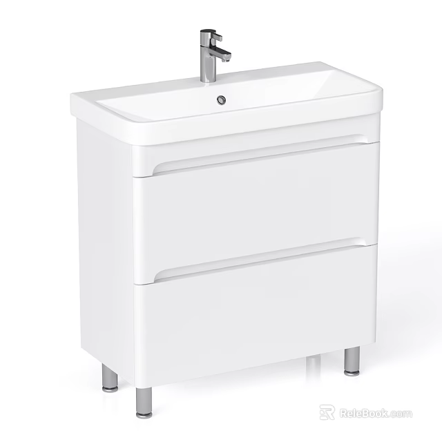 White Bathroom Vanity With Two Drawers Silver Faucet And Metal Legs 3d model 