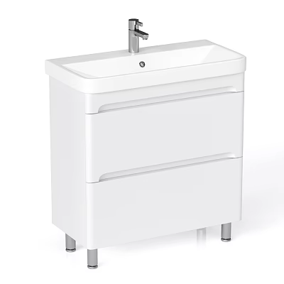 White Bathroom Vanity With Two Drawers Silver Faucet And Metal Legs 3d model