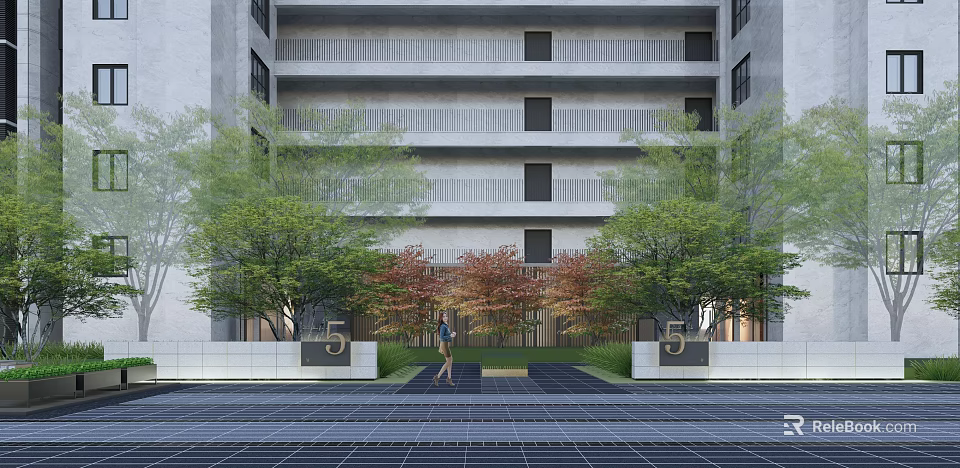Garden Landscape Design with Green Red Trees Pathway and Number 5 Signs by Building 3d model 