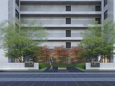 Garden Landscape Design with Green Red Trees Pathway and Number 5 Signs by Building 3d model