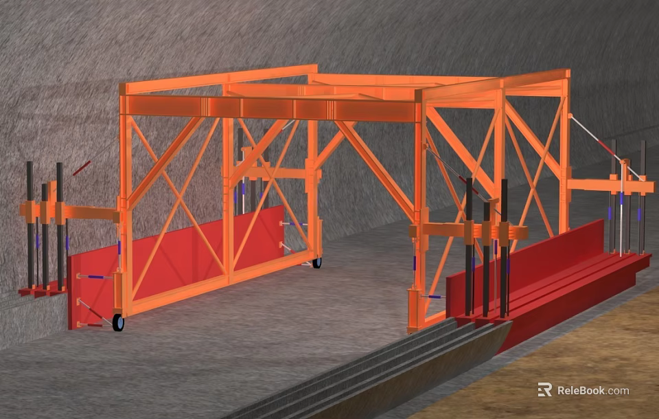 Orange Movable Display Shelves with Sturdy Metal Frame and Red Panel for Industrial Storage 3d model 