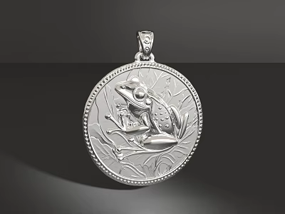 Ornate Silver Round Pendant With Intricate Frog Design And Engraved Details 3d model