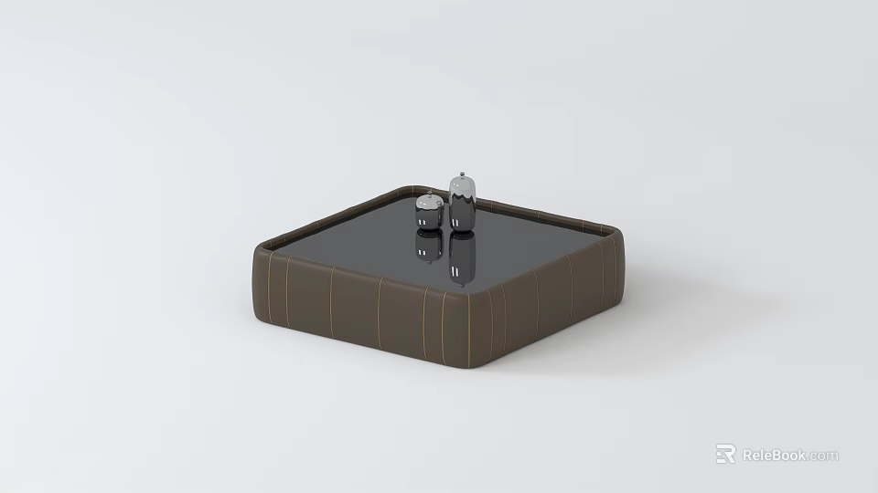 Modern Square Coffee Table With Black Glass Top And Brown Stitched Frame 3d model 