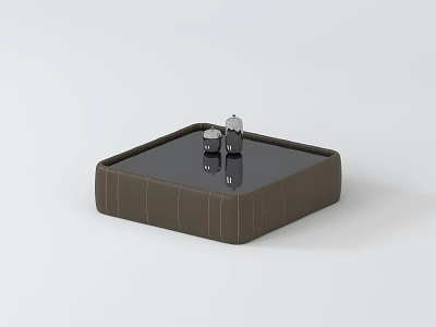 Modern Square Coffee Table With Black Glass Top And Brown Stitched Frame 3d model