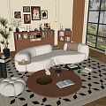 Living Room Featuring Beige Curved Sofa Wooden Bookshelf Round Coffee Table Black White Geometric Rug