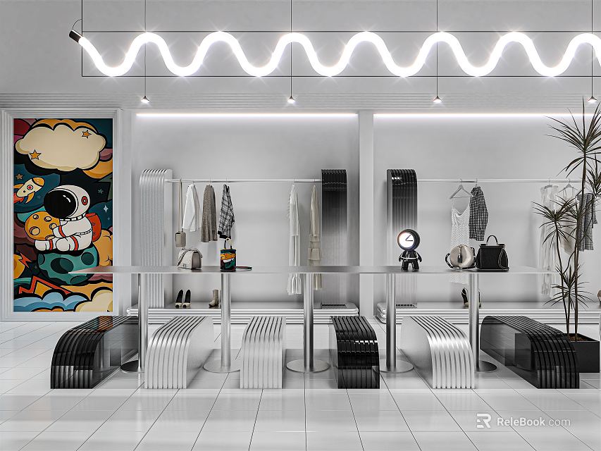 Modern Clothing Store Interior With Wavy Neon Lights Clothing Racks And Art Mural 3d model 