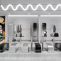Modern Clothing Store Interior With Wavy Neon Lights Clothing Racks And Art Mural