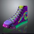 Colorful High-top Sneakers Featuring Spiral Pattern Purple Upper Green Sole And Yellow Lining