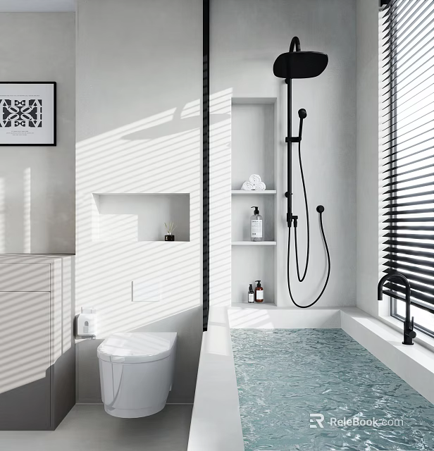 Modern Minimalist Bathroom Interior With Shower Bathtub Toilet And Storage Niche 3d model 
