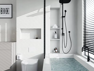 Modern Minimalist Bathroom Interior With Shower Bathtub Toilet And Storage Niche 3d model