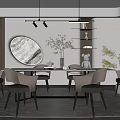 Modern Restaurant Interior With Round Decorative Mirror Hanging Lights Dining Table And Green Plants