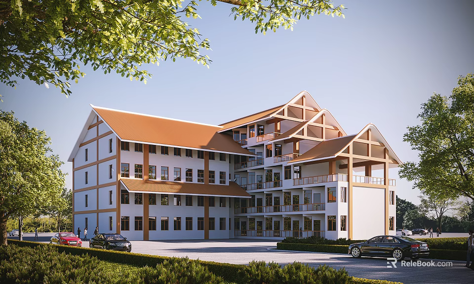 Multi Story Hotel Building with Orange Roof White Walls Surrounded by Trees and Parked Cars 3d model 