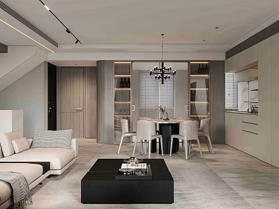 Modern Open Dining Room Interior With Chandelier Table Chairs And Wooden Shelves 3d model