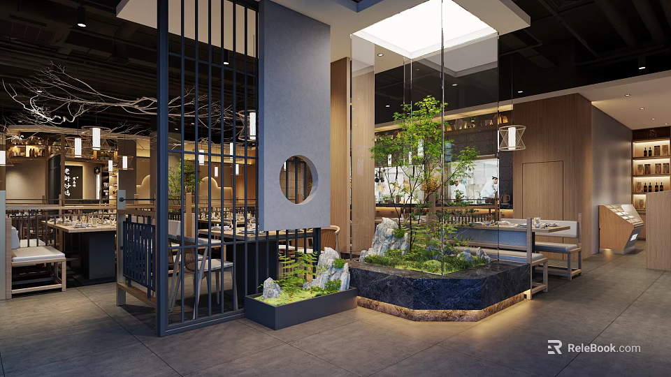 Modern Japanese Restaurant Interior With Indoor Garden Stone Features Wooden Screens And Lighting Fixtures 3d model 