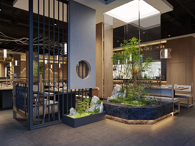 Modern Japanese Restaurant Interior With Indoor Garden Stone Features Wooden Screens And Lighting Fixtures 3d model