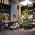 Modern Japanese Restaurant Interior With Indoor Garden Stone Features Wooden Screens And Lighting Fixtures