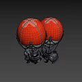 Red and White Hot Air Balloons With Metal Frames And Suspended Equipment Against Black Background