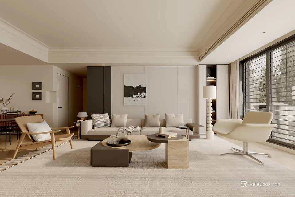 Modern Living Room Interior With Beige Sofa Coffee Tables Carpet Armchairs Artwork And Large Windows 3d model 