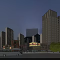 Modern Commercial Street With High Rise Buildings Central Plaza Fountains Green Rooftops Pedestrians And Vehicles