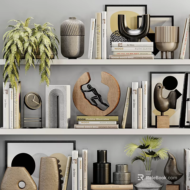Stylish Decorative Ornament Combinations On Shelves With Books Plants Sculptures Clock And Paintings 3d model 