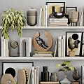 Stylish Decorative Ornament Combinations On Shelves With Books Plants Sculptures Clock And Paintings