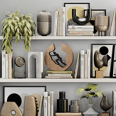 Stylish Decorative Ornament Combinations On Shelves With Books Plants Sculptures Clock And Paintings 3d model