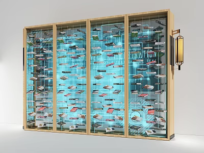 Modern Wooden Bookcase with Glass Doors Neatly Arranged Books and Blue Lighting 3d model