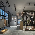 Clothing Store Interior With Open Layout Hanging Clothes Display Racks And Staircase Lighting