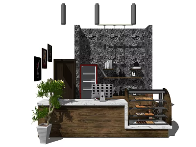 Modern Reception Desk With Stone Wall Potted Plant And Display Shelves 3d model