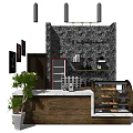Modern Reception Desk With Stone Wall Potted Plant And Display Shelves