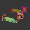 Game Movie Character With Three Orange Silver Mechanical Cylinder Parts And Reflective Surface