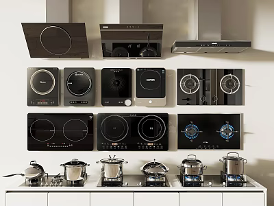 Modern Kitchen Appliances Featuring Various Induction Gas Cooktops Range Hoods And Pots 3d model