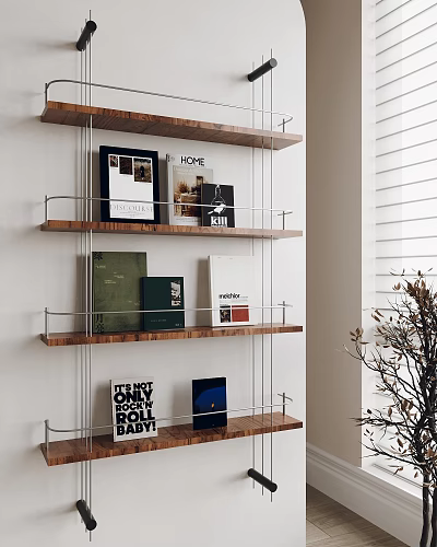 Books Magazines Neatly Arranged On Modern Wooden Shelf With Multiple Layers And Decorative Plants 3d model