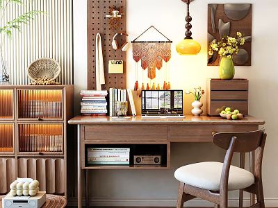 Cozy Study Room Interior With Wooden Desk Stacked Books And Decorative Elements 3d model