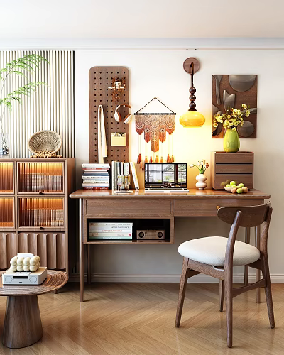 Cozy Study Room Interior With Wooden Desk Stacked Books And Decorative Elements 3d model