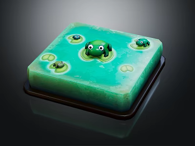 Cute Frogs on Green Square Platform with Lotus Leaf Patterns and Water like Surface 3d model