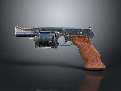 Classic Revolver With Metallic Body And Wooden Grip On Dark Surface 3d model